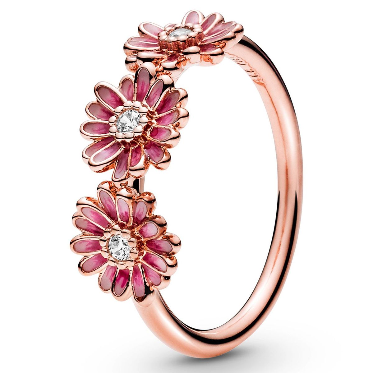 PANDORA - Anillo Trío de Margaritas Rosas Recubrimiento en Oro Rosa 
