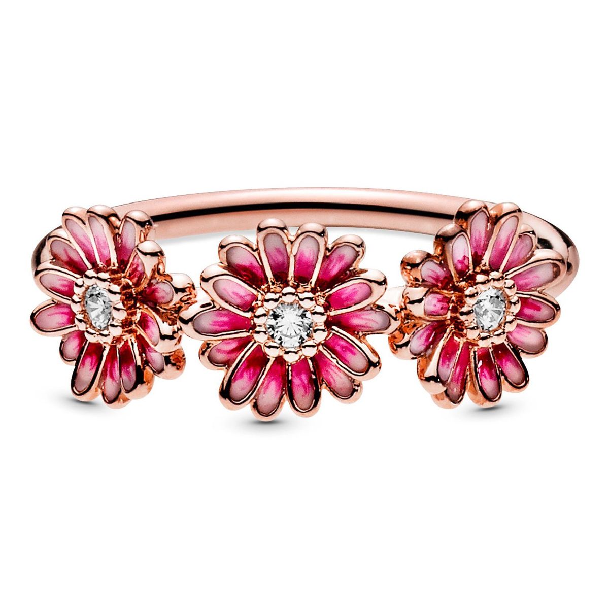 PANDORA - Anillo Trío de Margaritas Rosas Recubrimiento en Oro Rosa 