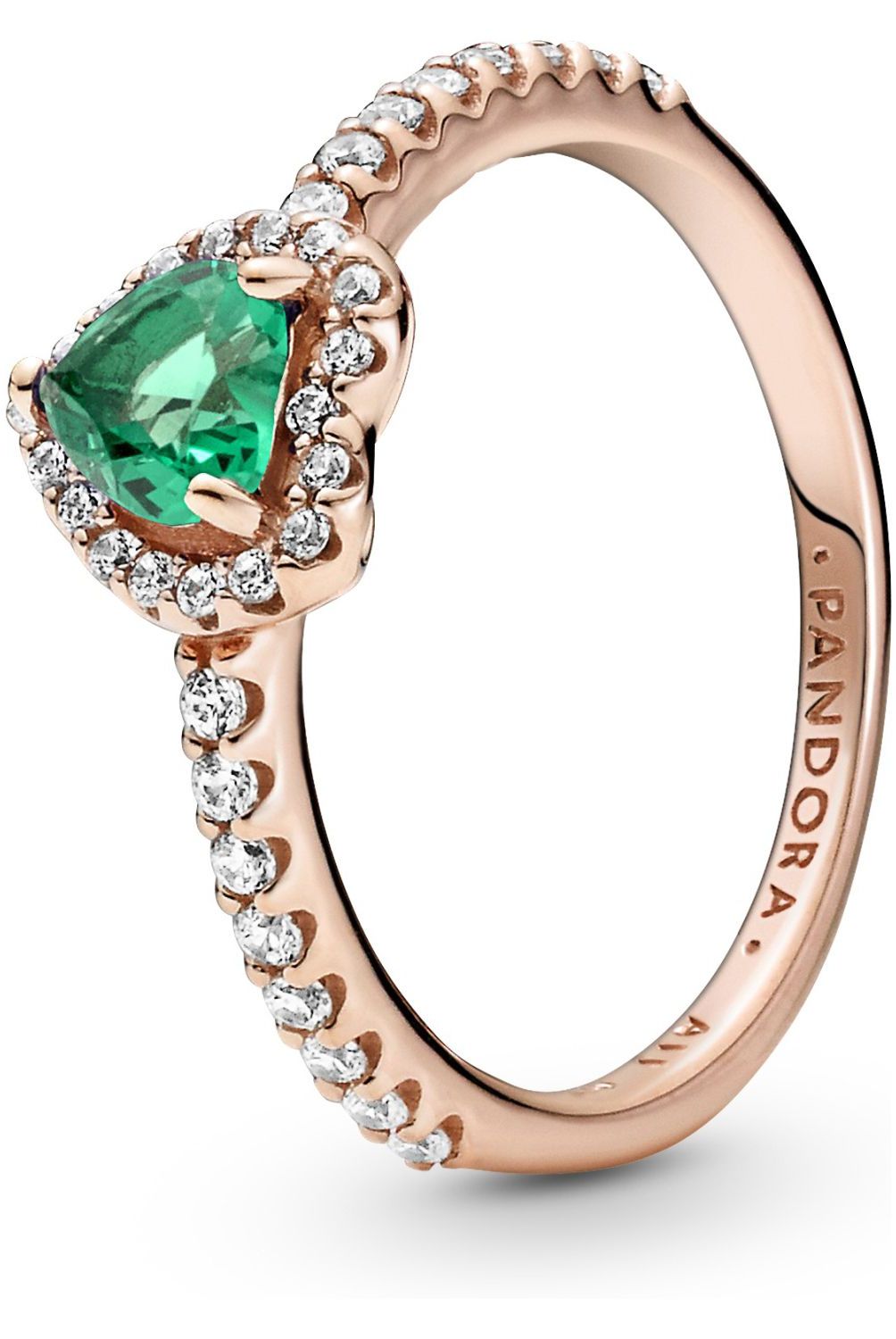 PANDORA - Anillo Pandora Corazón Brillante Elevado Verde Recubrimiento en Oro Rosa 