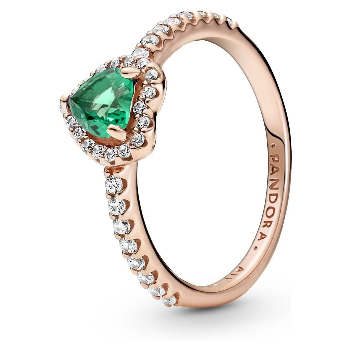 PANDORA - Anillo Pandora Corazón Brillante Elevado Verde Recubrimiento en Oro Rosa 