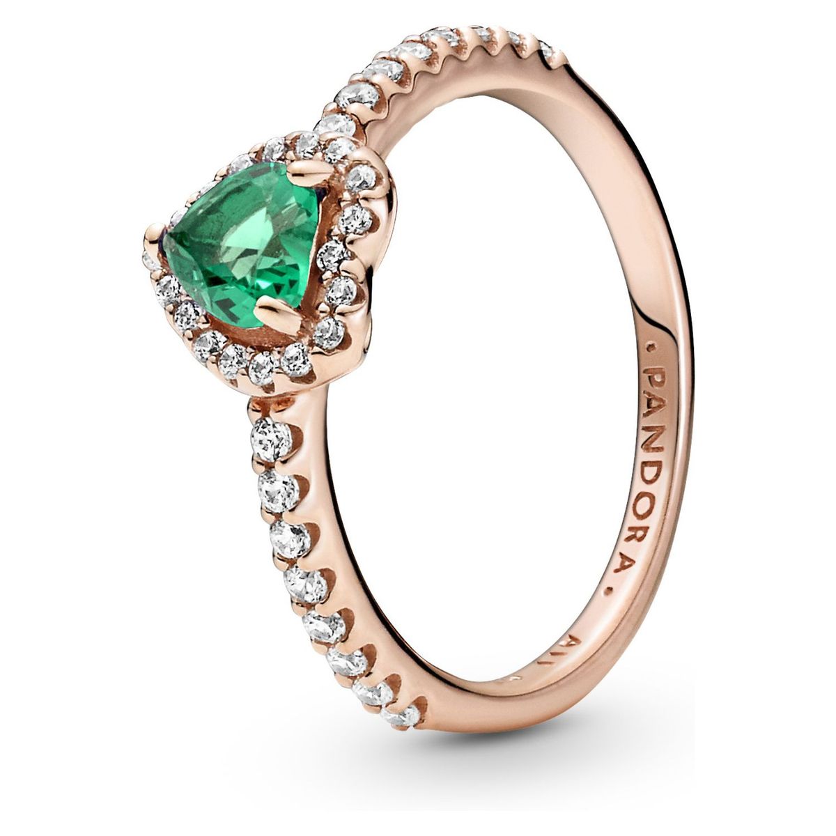 PANDORA - Anillo Pandora Corazón Brillante Elevado Verde Recubrimiento en Oro Rosa 
