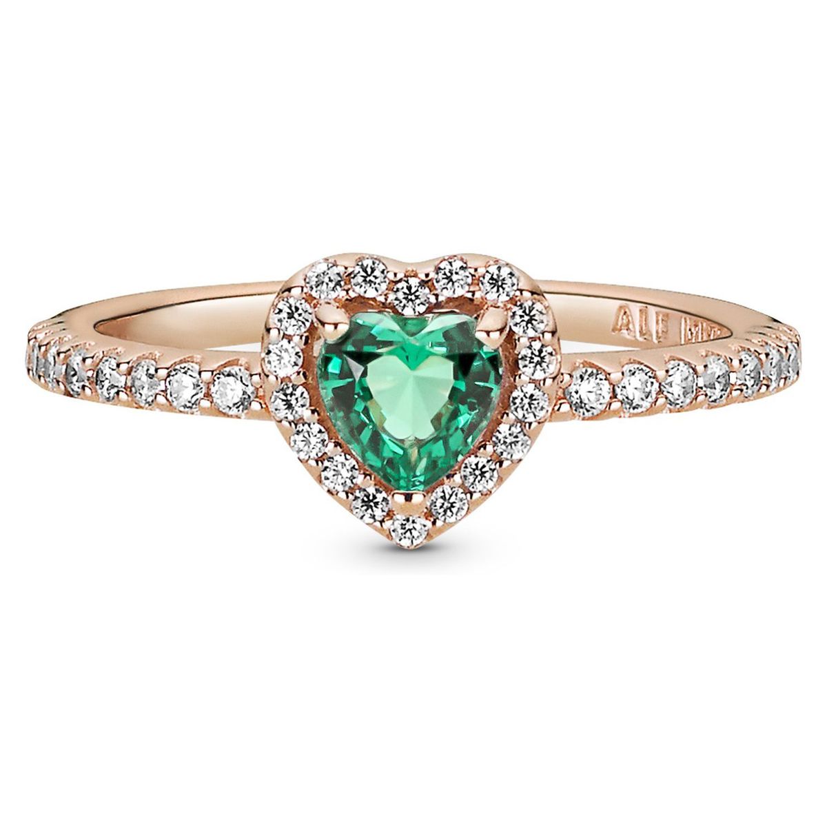 PANDORA - Anillo Pandora Corazón Brillante Elevado Verde Recubrimiento en Oro Rosa 