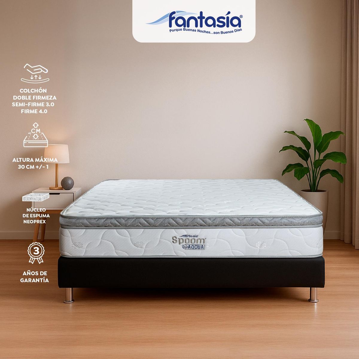 COLCHONES FANTASIA - Colchón Doble Firmeza Media Espumado con Pillow Acqua 140 x 190 cm Colchones Fantasía