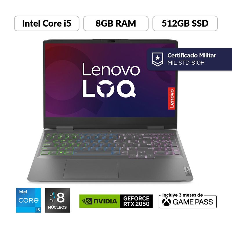 LENOVO - Portátil Gamer Lenovo LOQ | GeForce RTX 2050 | Intel Core i5 | 8GB RAM | 512GB SSD Almacenamiento | Windows 11 | 15.6 pulgadas | Computador Portátil + Game Pass