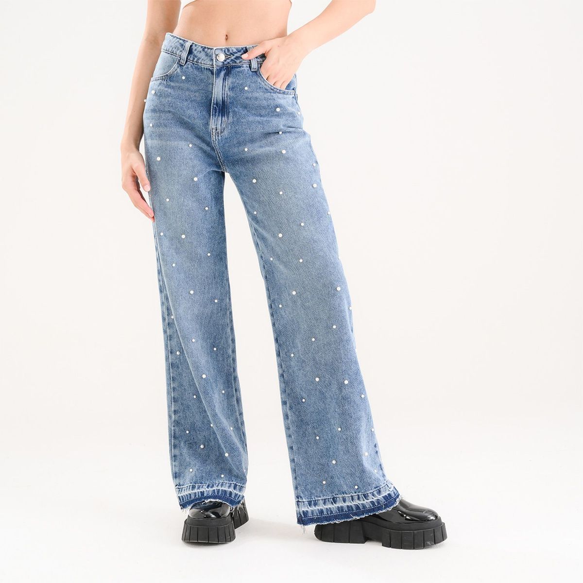 SYBILLA - Jean Wide Leg para Mujer Tiro alto Brillante de Algodón Sybilla