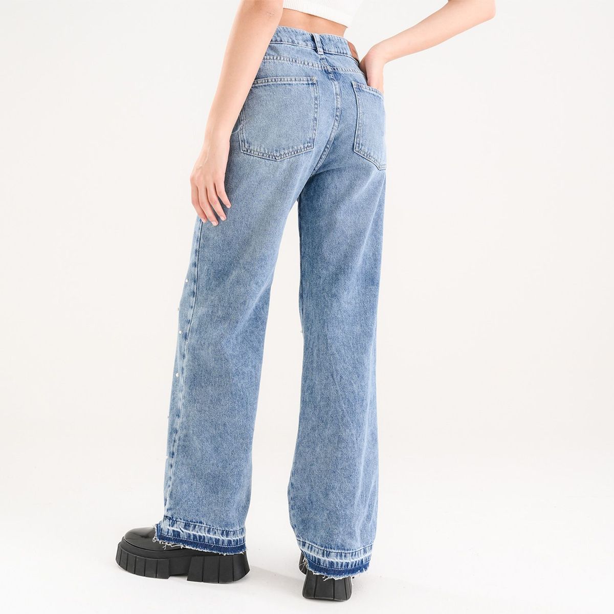 SYBILLA - Jean Wide Leg para Mujer Tiro alto Brillante de Algodón Sybilla