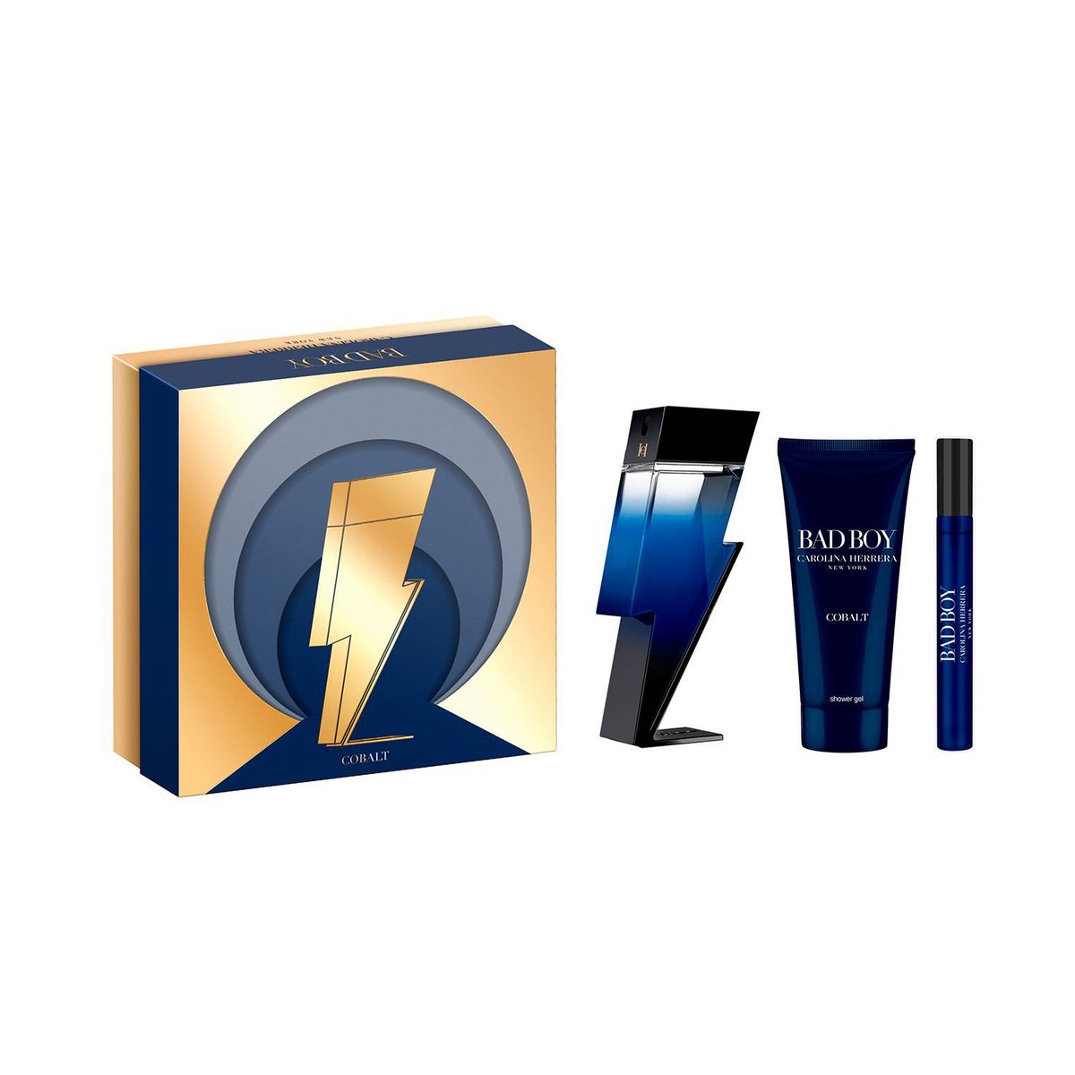 CAROLINA HERRERA - Estuche Perfume Carolina Herrera Hombre Bad Boy Cobalt 100 ml + Shower Gel 100 ml + Travel Size 10ml 