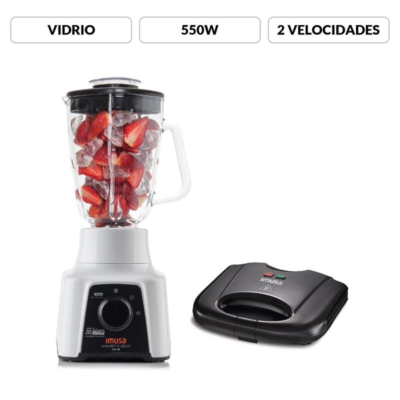 IMUSA - Licuadora Imusa PowerMix Glass + Sanduchera Basic Negra 2 velocidades