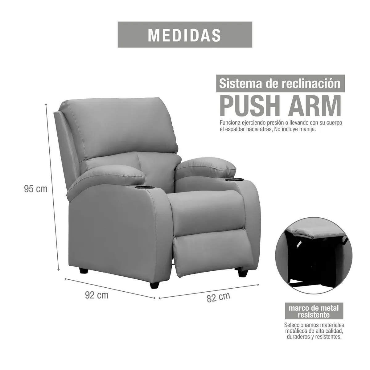 MICA - Silla Reclinable 1 Puesto Cuerina Push Arm New Rest 82 cm - Mueble