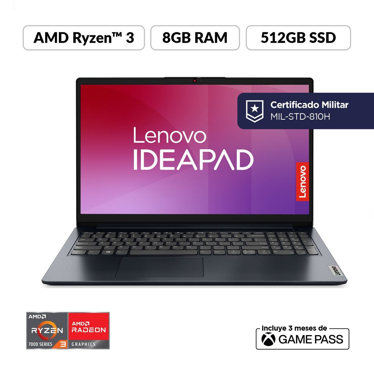 LENOVO - Portátil Lenovo Ideapad 1 | AMD Ryzen 3 | 8GB de RAM | 512GB SSD de Almacenamiento | Windows 11 | Pantalla de 15.6 pulgadas | IP 1 | Computador Portátil 