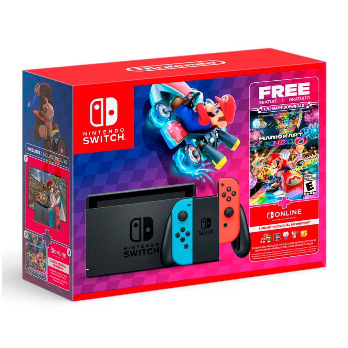 NINTENDO - Consola Nintendo Switch | Incluye Juego Mario Kart 8 Deluxe + 3 Meses Suscripción Nintendo Online | 2 Joy-Con Neon, Rojo y Azul | 32GB de almacenamiento