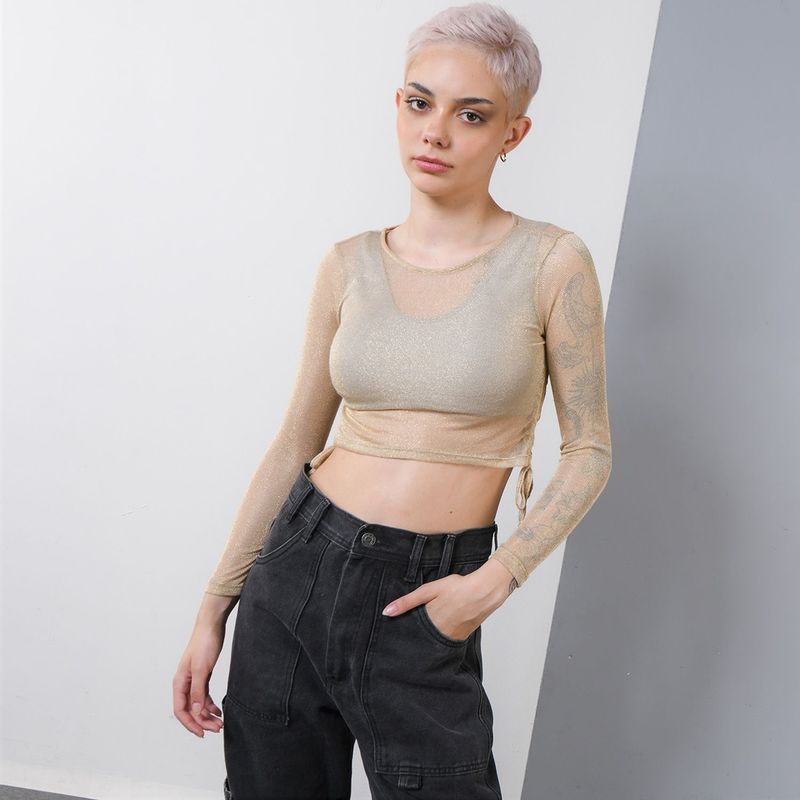 DENIMLAB - Crop Top para Mujer Con transparencia Manga larga Denimlab
