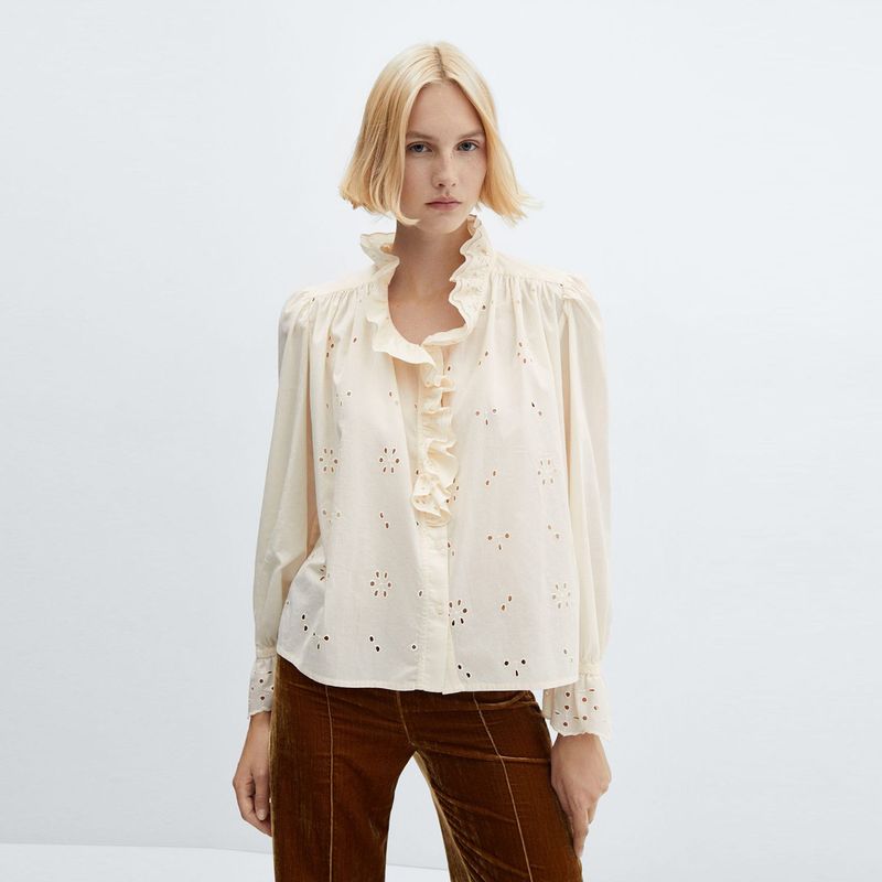 MANGO - Camisa con Boleros para Mujer de Algodón Manga larga MANGO
