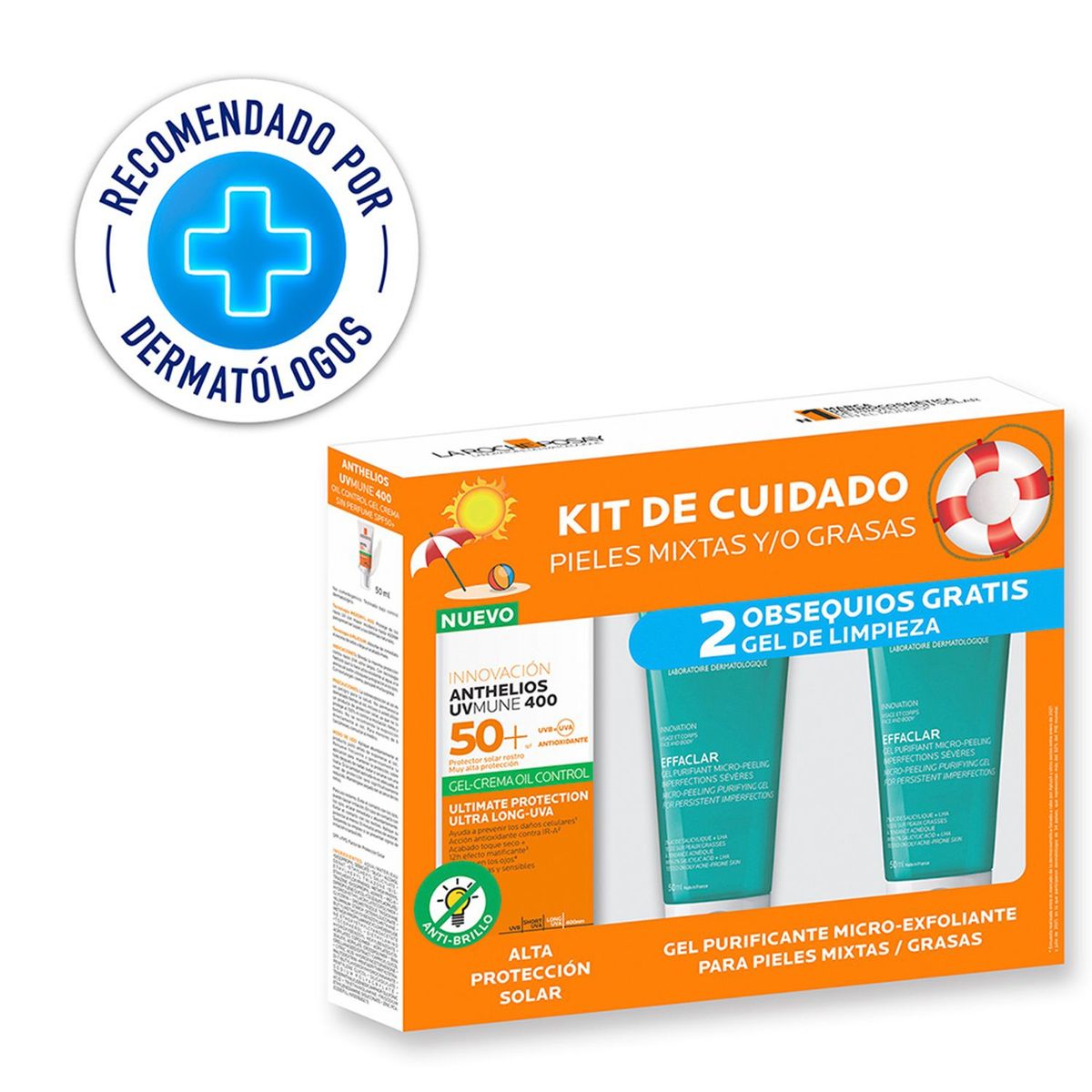 LA ROCHE POSAY - Pack Anthelios Uvmune 400 Oil Control Gel-Crema Con Color+ 2 Effaclar Gel Purificante Microexfoliante