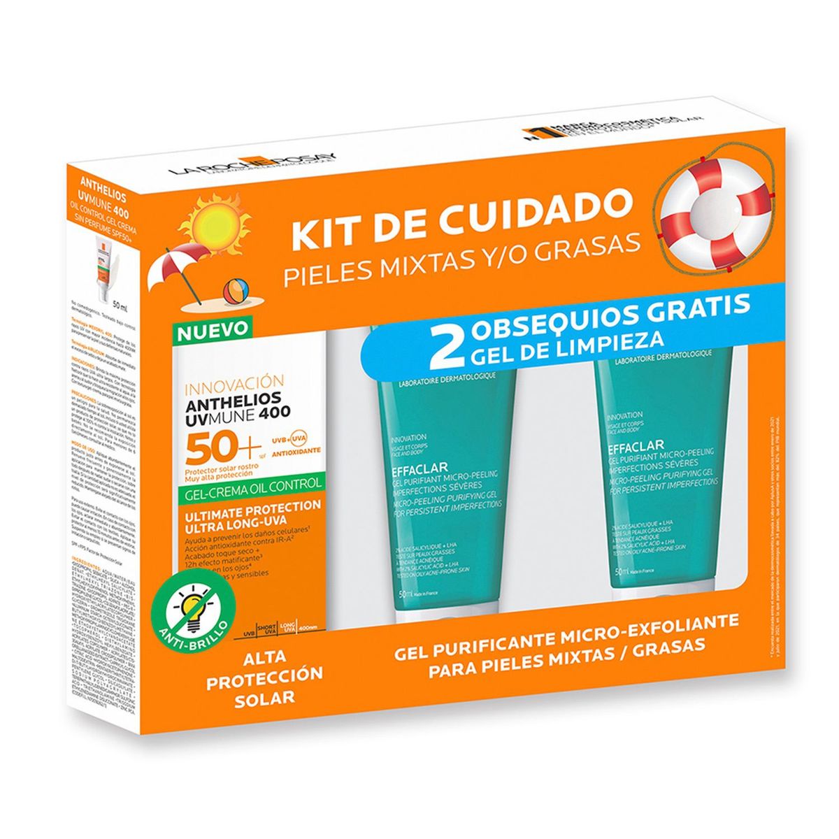 LA ROCHE POSAY - Pack Anthelios Uvmune 400 Oil Control Gel-Crema Con Color+ 2 Effaclar Gel Purificante Microexfoliante