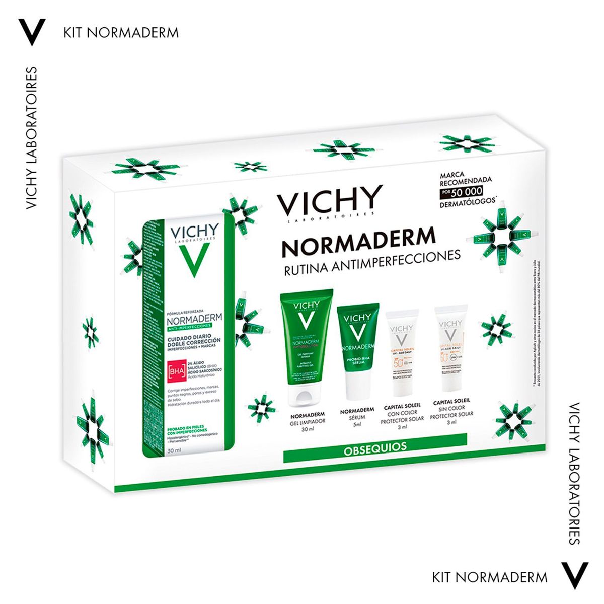 VICHY - Vichy Kit Normaderm Gel Limpiador 50ml + Normaderm Doble Corrección e Hidratación 30ml + Normaderm Sérum Probio BHA 5ml + Capital Soleil UV Age 3ml Rutina Antiimperfecciones