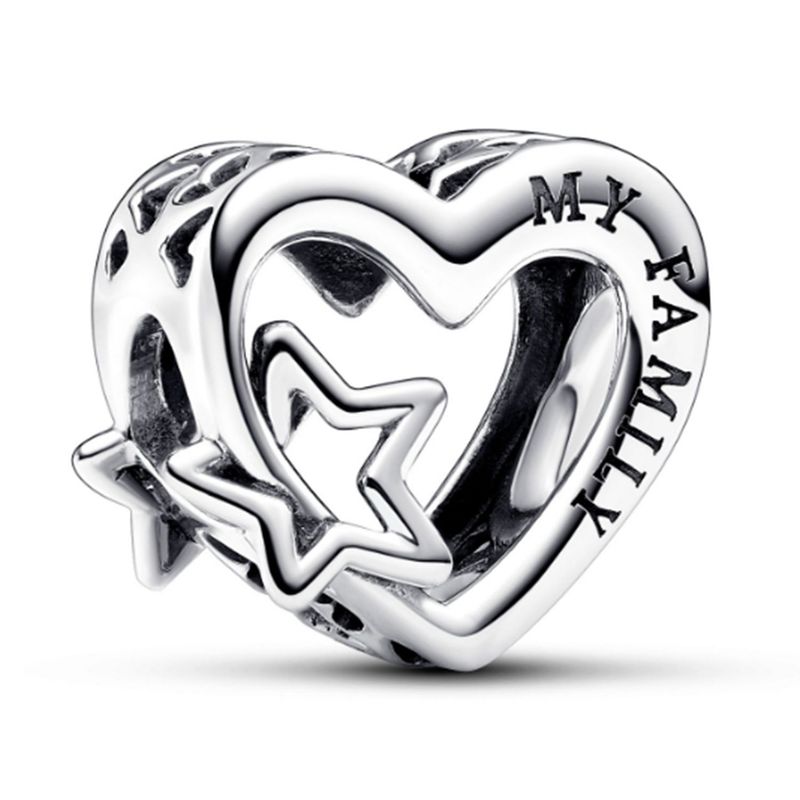 PANDORA - Charm Pandora Corazón Filigrana Familia y Estrella Plata Esterlina