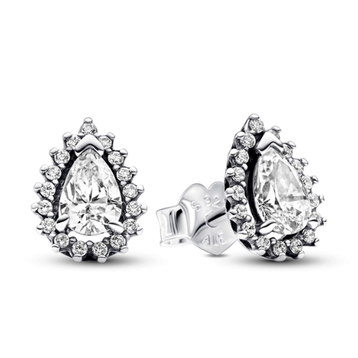 PANDORA - Aretes Pandora Botón Halo Brillante Corte Pera Plata Esterlina