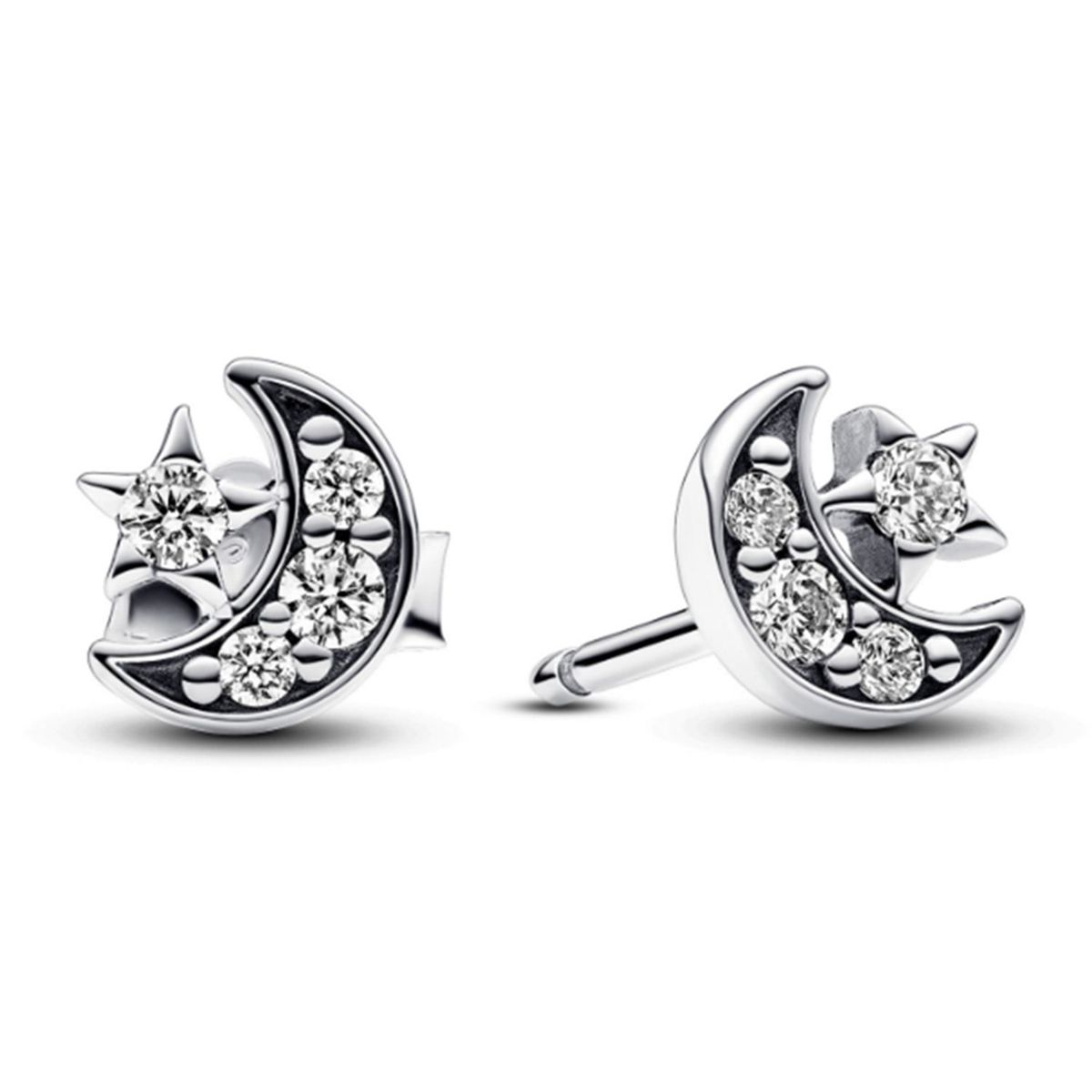 PANDORA - Aretes Pandora Botón Luna y Estrella Brillantes Plata Esterlina