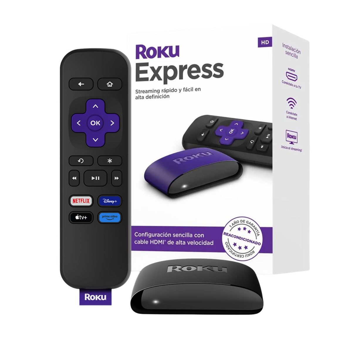 ROKU - Roku Express Reempacado | dispositivo de streaming |Incluye cable HDMI/USB de alta velocidad y control remoto | Compatible con Alexa, Google Home, Apple Air Play, Apple Home