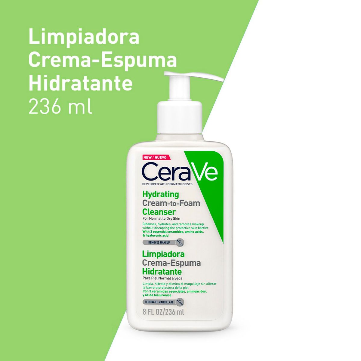 CERAVE - Limpiadora Crema- Espuma Hidratante para piel normal a seca 236 ml