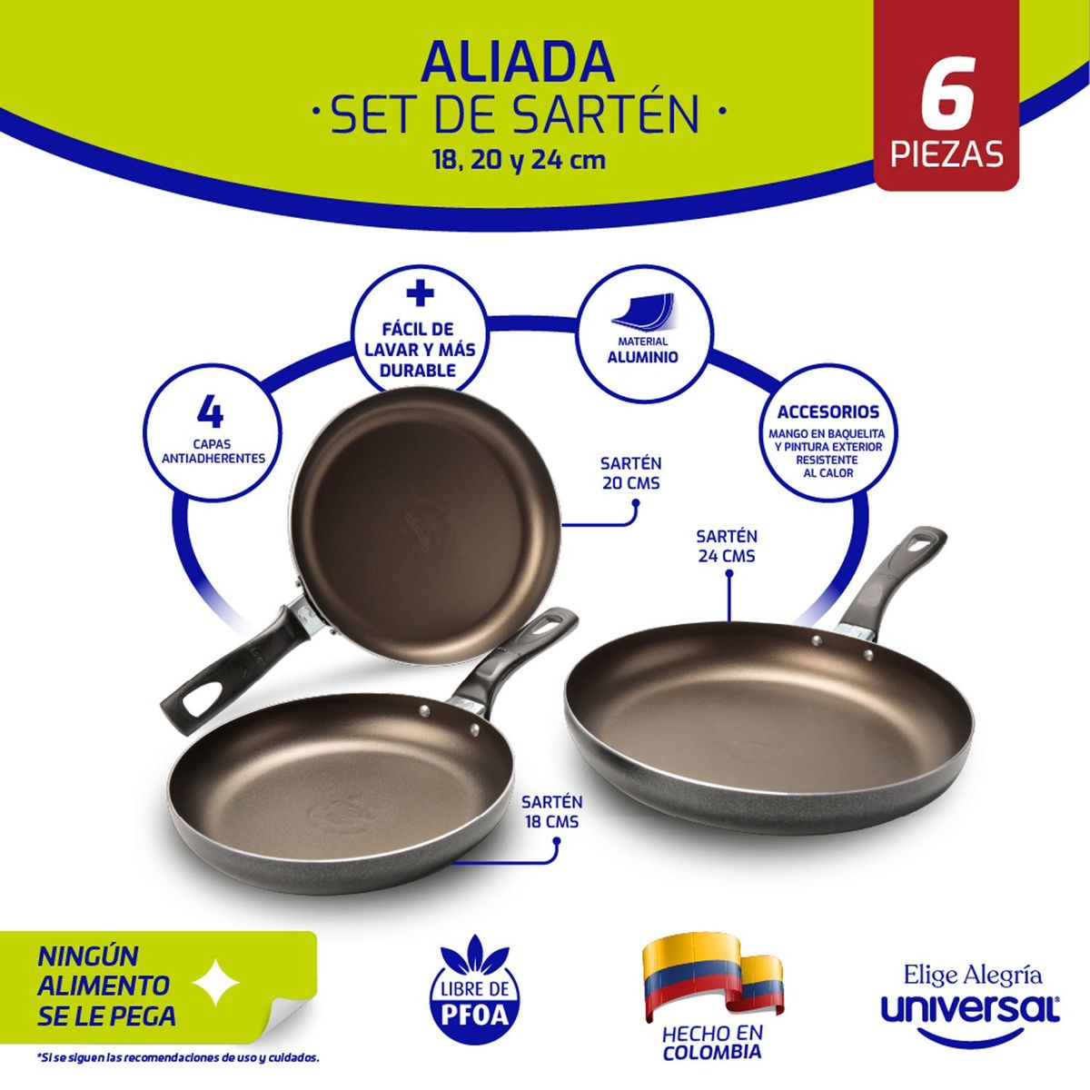 UNIVERSAL - Sartén Universal Antiadherente Aluminio 18-20-24 cm