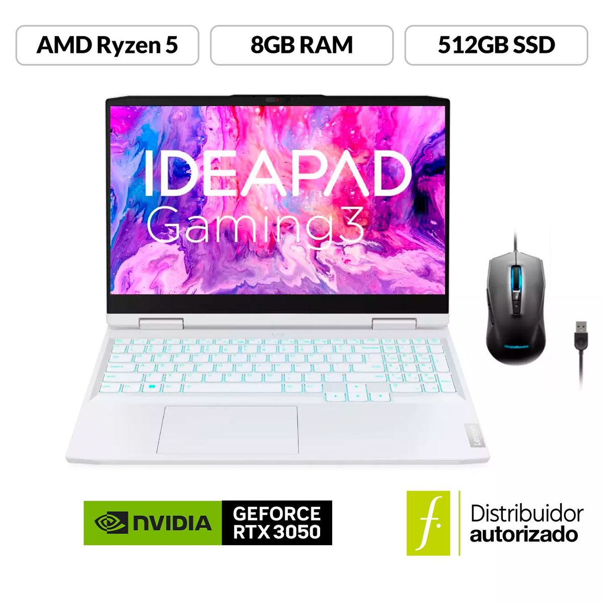 LENOVO - Portátil Gamer Lenovo Ideapad Gaming 3 | Nvidia Geforce RTX 3050 |AMD Ryzen 5 | 8GB de RAM | 512GB SSD de Almacenamiento | Windows 11 | Pantalla 15.6 pulgadas | Incluye Mouse Gamer |IP Gaming 3 | Computador Portátil 