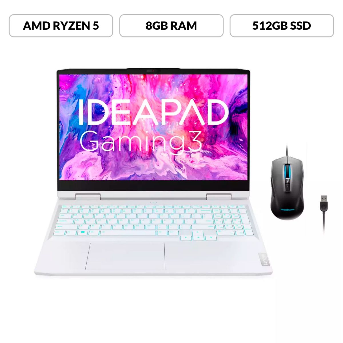 LENOVO - Portátil Gamer Lenovo Ideapad Gaming 3 | Nvidia Geforce RTX 3050 |AMD Ryzen 5 | 8GB de RAM | 512GB SSD de Almacenamiento | Windows 11 | Pantalla 15.6 pulgadas | Incluye Mouse Gamer |IP Gaming 3 | Computador Portátil 