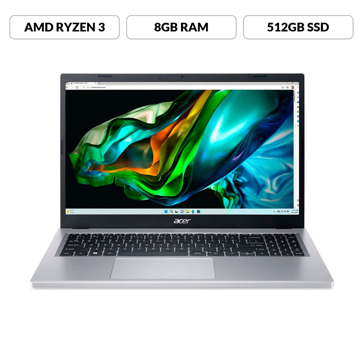 ACER - Portátil Acer Aspire 3 | AMD Ryzen 3 | 8GB de RAM | 512GB SSD de Almacenamiento | Windows 11 | Pantalla 15 pulgadas | A315-24P-R9YS | Computador portátil