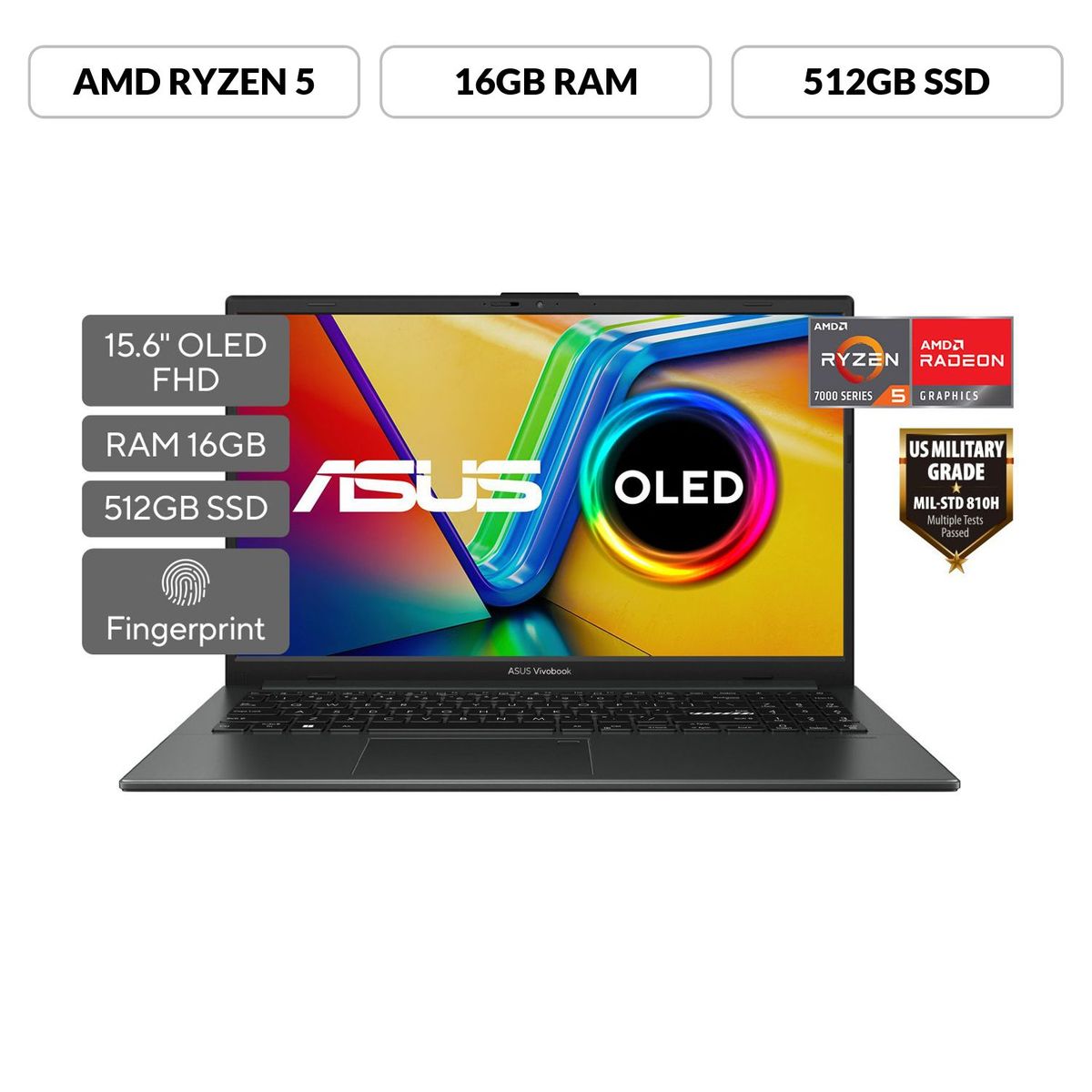 ASUS - Portátil ASUS Vivobook Go 15 OLED | AMD Ryzen 5 | 16GB de RAM | 512GB SSD de almacenamiento | Windows 11 | 15.6 Pulgadas | E1504FA-L1402W | Computador portátil 