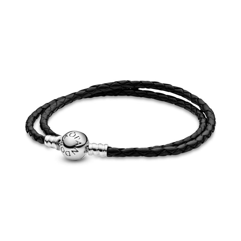 PANDORA - Brazalete Pandora Doble Cuero negro En Plata Esterlina