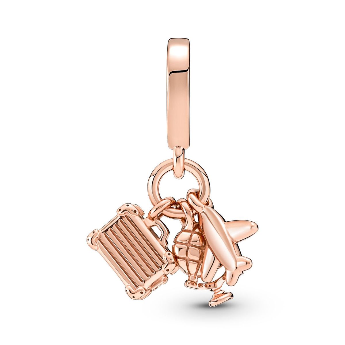 PANDORA - Charm Pandora Triple Avión, Globo y Maleta Recubrimiento en Oro Rosa
