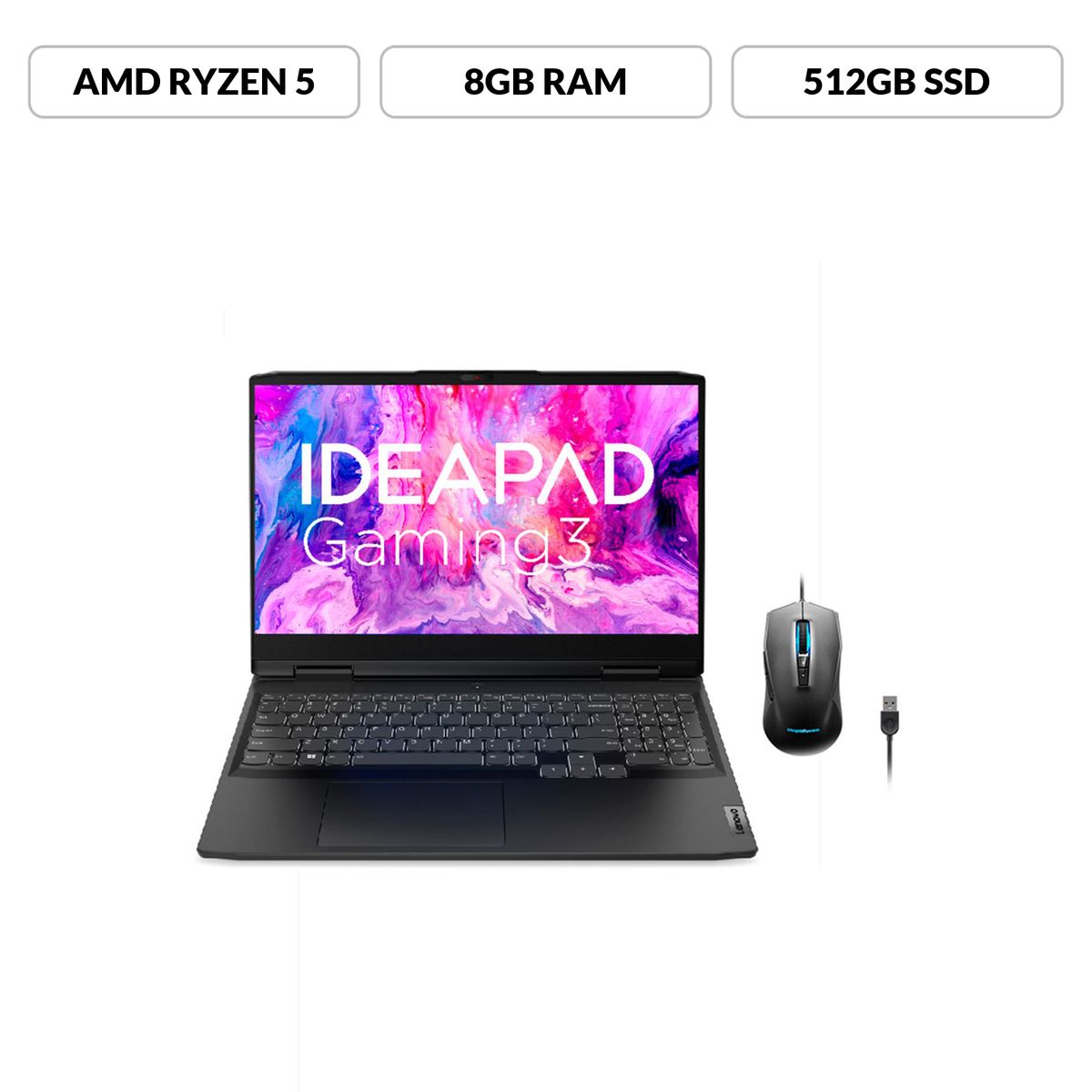 LENOVO - Portátil Gamer Lenovo Ideapad Gaming 3 + Mouse Gamer | Geforce RTX 3050 |AMD Ryzen 5 | 8GB de RAM | 512GB SSD de Almacenamiento | Windows 11 | Pantalla 15.6 pulgadas | IP Gaming 3 | Computador Portátil 