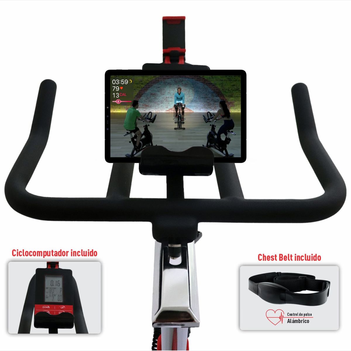 FITNESS ART - Bicicleta Spinning de banda manual Con pantalla incluida Fitnes art Snow incluye kit deportivo