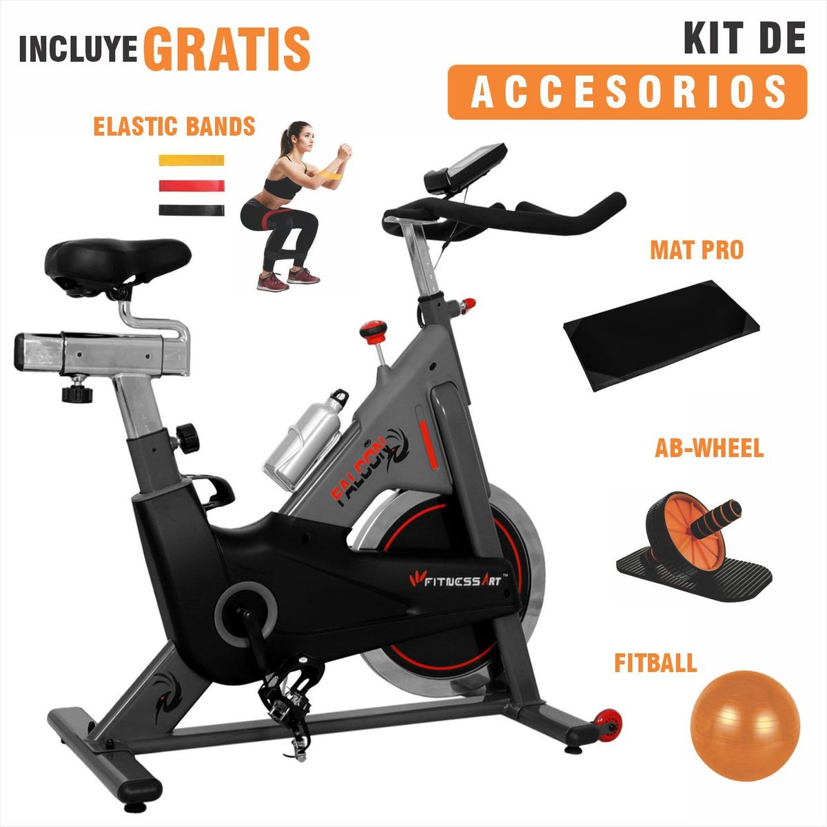 FITNESS ART - Bicicleta Spinning de banda manual Con pantalla incluida Fitnes art Falcon incluye kit deportivo	