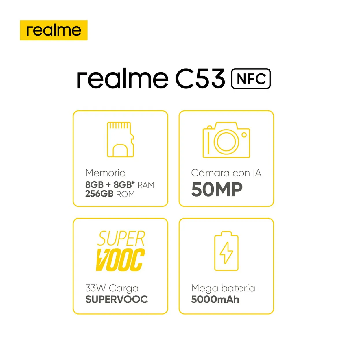 REALME - Celular Realme C53 NFC 4G 256GB Dorado | 8GB RAM | Cámara posterior 50 MPX + 0.08 MPX | Cámara frontal 8 MPX | Pantalla 6.7 pulgadas + Unisoc T613