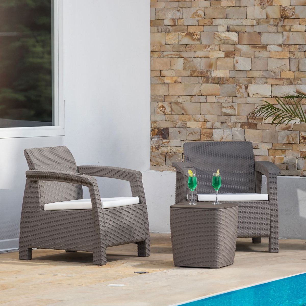 MQ - Juego de Sala o Balcón para Exterior y Terraza Moderno (2 Poltronas + Mesa de Centro Hielera) Ferrara MQ