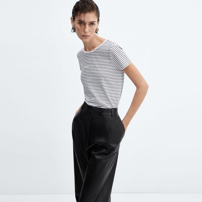 MANGO - Camiseta de Rayas para Mujer de Algodón Cuello redondo Manga corta MANGO