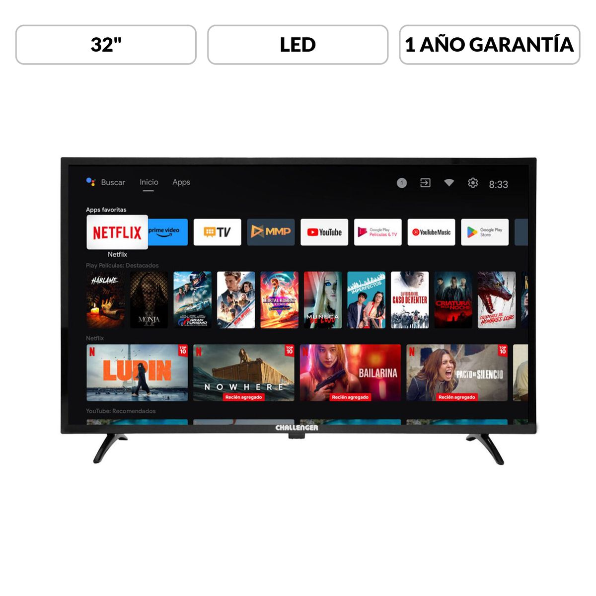 CHALLENGER - Televisor Challenger 32 Pulgadas | LED FHD | Smart TV | 32LO69 BT T2