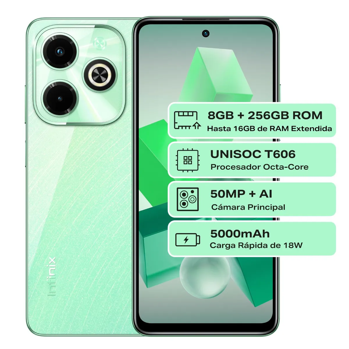 INFINIX - Celular Infinix Hot 40i Verde |8GB RAM|256GB ROM|Cámara posterior 50MP|Cámara frontal 32MP|Pantalla 6.5"|unisoc T606
