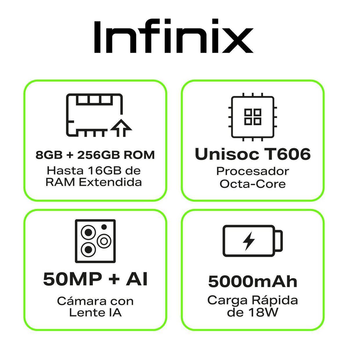 INFINIX - Celular Infinix Hot 40i Verde |8GB RAM|256GB ROM|Cámara posterior 50MP|Cámara frontal 32MP|Pantalla 6.5"|unisoc T606