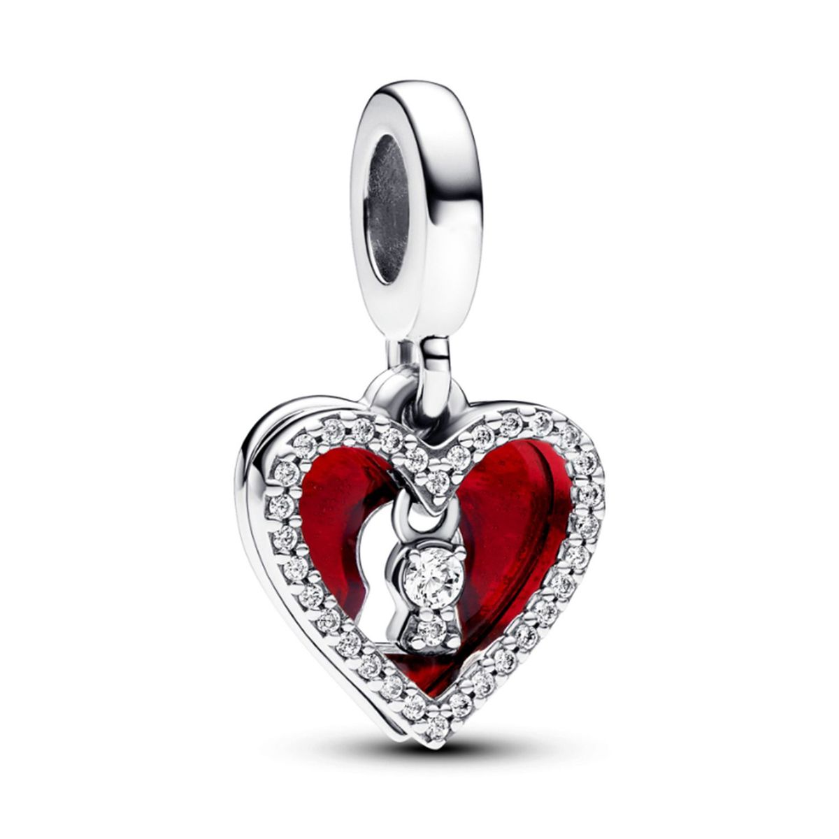 PANDORA - Charm Pandora Colgante Doble Corazón Rojo y Cerradura Plata Esterlina
