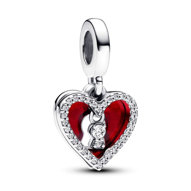 PANDORA - Charm Pandora Colgante Doble Corazón Rojo y Cerradura Plata Esterlina