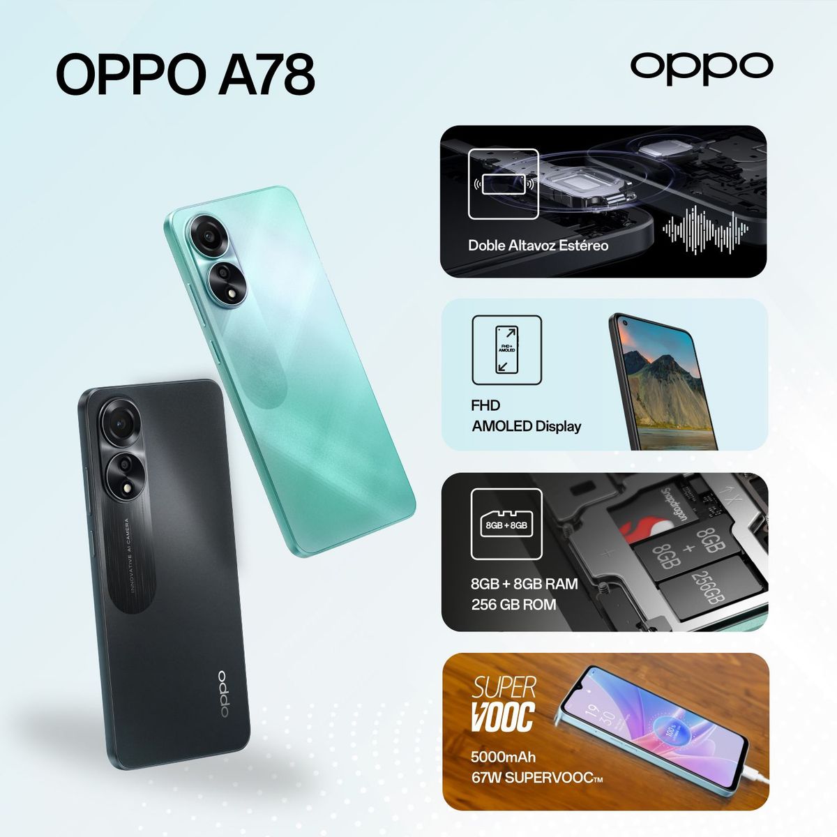 OPPO - Celular OPPO A78 256GB|8GB RAM | Camara Principal 50MP+2MP|Cámara frontal 8 MP | Pantalla 6.4 Pulgadas 90Hz |Procesador SnapDragon Octacore M6225