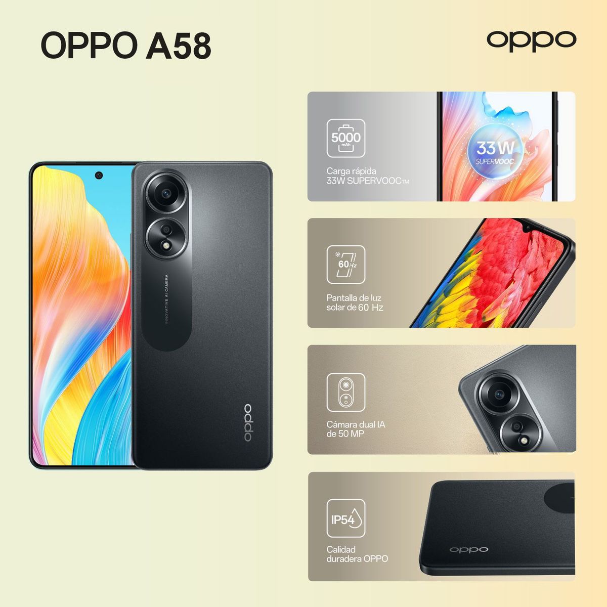 OPPO - Celular OPPO A58 256GB|RAM 8GB|Cámara principal 50MP dual|Cámara frontal 8MP|Carga SUPERVOOC de 33W|Procesador Mediatek Helio G85