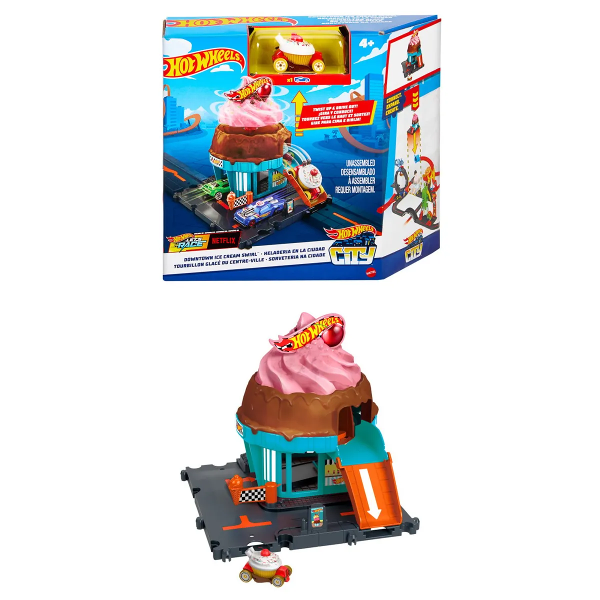 HOT WHEELS - Pista de carro Hot Wheels: Downtown Ice Cream. Incluye 1 carro