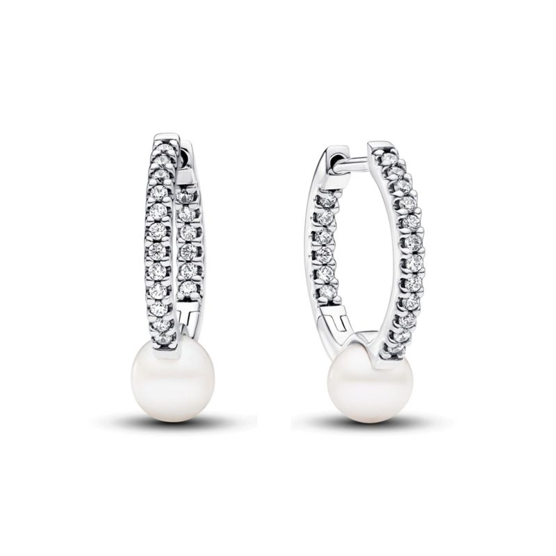 PANDORA - Aretes Pandora Aro Perla Cultivada de Agua Dulce y Pavé Plata Esterlina