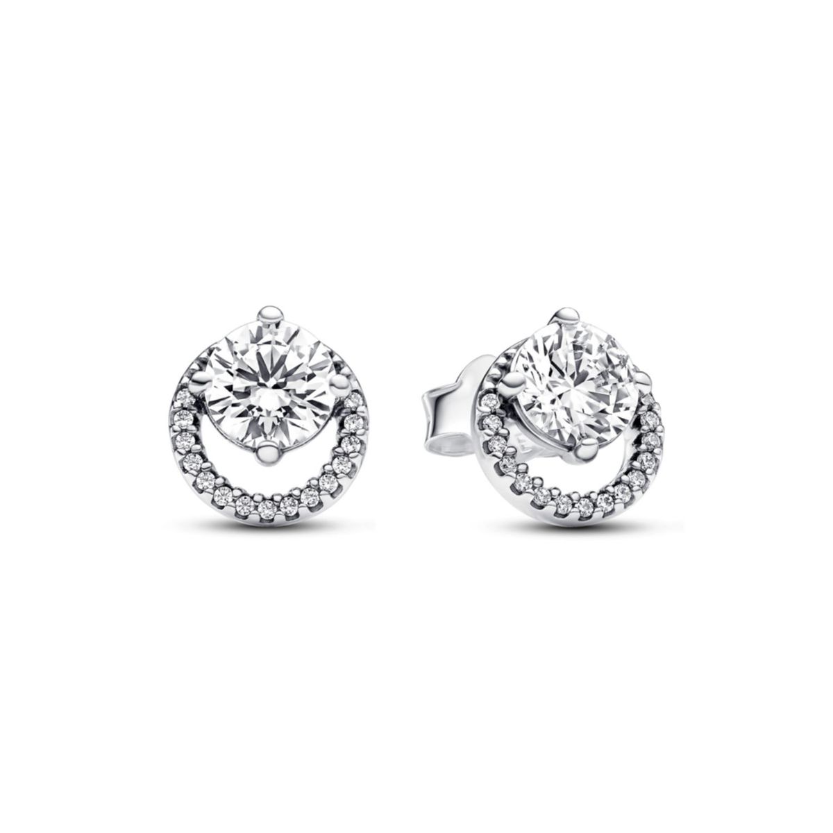 PANDORA - Aretes Pandora Botón Halo Redondo Brillante Plata Esterlina