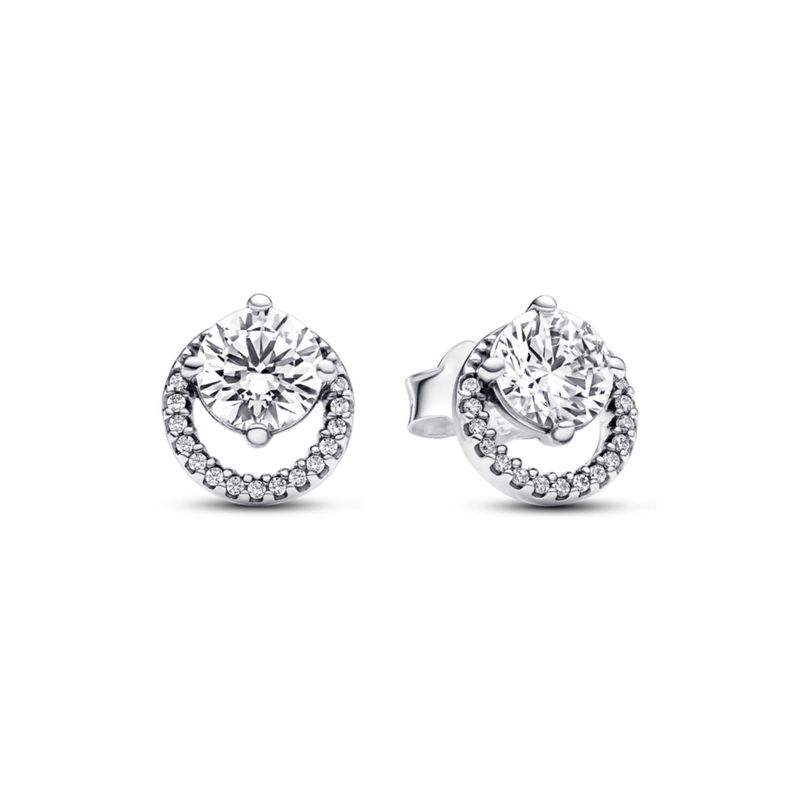 PANDORA - Aretes Pandora Botón Halo Redondo Brillante Plata Esterlina