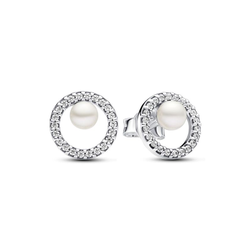 PANDORA - Aretes Pandora botón Perla Cultivada de Agua Dulce y Halo Pavé Plata Esterlina